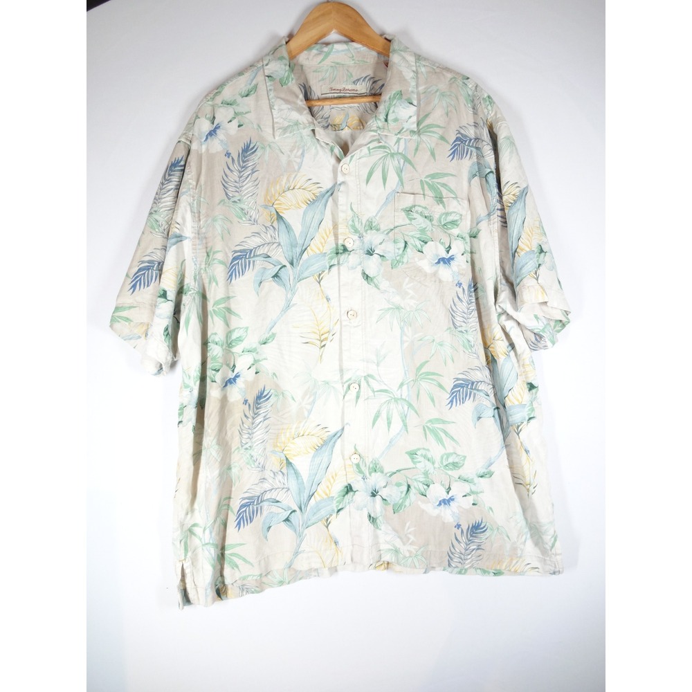 Tommy Bahama Button Down Mens XXL Cream Silk Tropical Floral Camp Shirt Resort